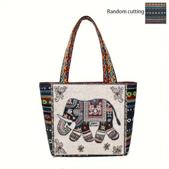 Ethnic Elephant Embroidered Cream Tote Bag Jacquard Fabric Handbag Boho NWT - Picture 1 of 14